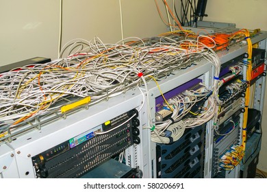 
Messy Wires Are In Datacenter Server Room, Top View