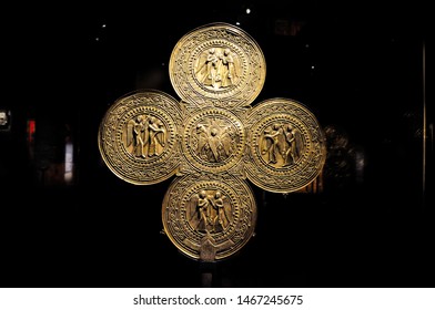 Mestia, Georgia - July 04 2016: Religious Artefact, Crucifix And Icon Exhibit At The Svaneti Museum Of History And Ethnography.