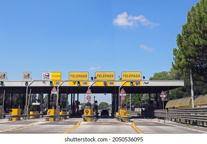 Mestre, VE, Italy - July 19, 2020: motorway toll booth with the inscription TELEPASS indicating the gate for the automatic payment of the motorway toll