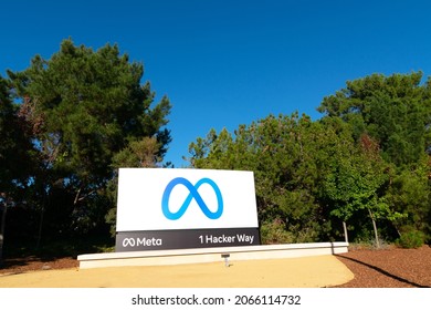 Meta logo, sign in front of Meta Platforms headquarters. Meta Platforms is the parent organization of Facebook, Instagram, and WhatsApp - Menlo Park, California, USA - October 28, 2021