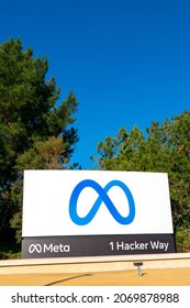 Meta Logo, Sign In Front Of Meta Platforms Headquarters. Meta Platforms Is The Parent Organization Of Facebook, Instagram, And WhatsApp - Menlo Park, California, USA - October 28, 2021