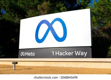Meta sign, logo at Meta Platforms headquarters. Meta Platforms is the parent organization of Facebook, Instagram, and WhatsApp - Menlo Park, California, USA - October 28, 2021