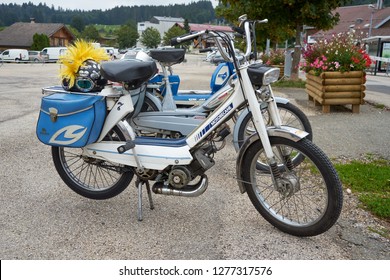 Metabief/Franche Comté/France/September 2018 : White 1970s Motobecane M7 Parks At Oltimer Motorcycle Rallye