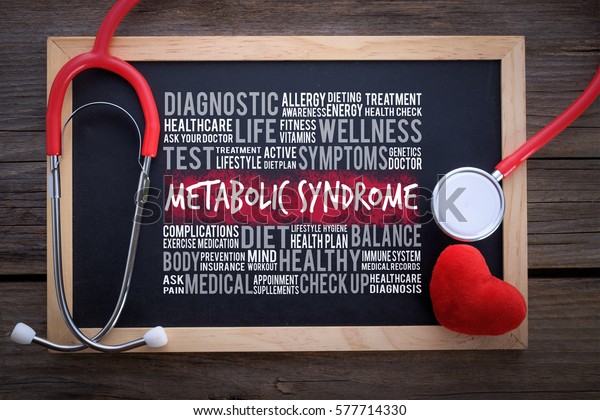 Metabolic Syndrome general\
health word cloud on chalkboard with stethoscope, health / medical\
concept.