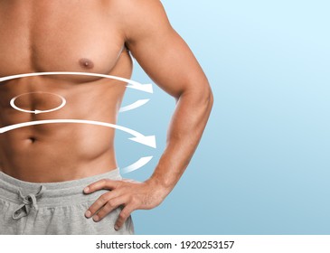 Metabolism concept. Man with perfect body on light blue background, closeup