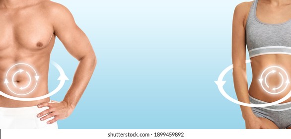 Metabolism Concept. Man And Woman With Perfect Bodies On Light Blue Background, Banner Design