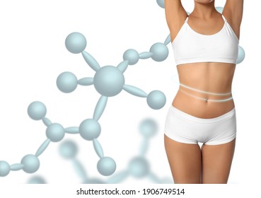 Metabolism Concept. Woman With Slim Body And Molecular Chains On White Background, Closeup 