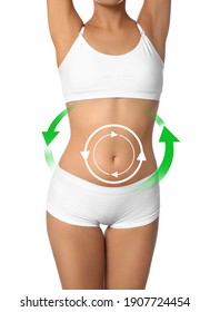 Metabolism Concept. Young Woman With Perfect Body On White Background 