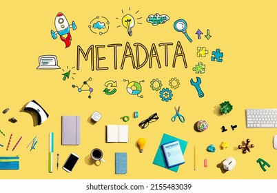 Metadata with collection of electronic gadgets and office supplies - Shutterstock ID 2155483039