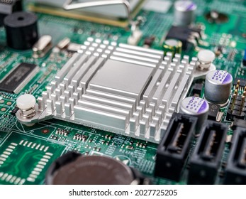 Metal Aluminum Radiator On The Motherboard Of A Desktop Computer, Server, Printed Circuit Board, Electronic Board, Cooling