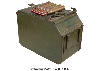 Metal Ammo Can for ammunition belt and 12.7x108mm cartridges for a 12.7 mm heavy machine gun DShK used by the former Soviet Union isolated on white background