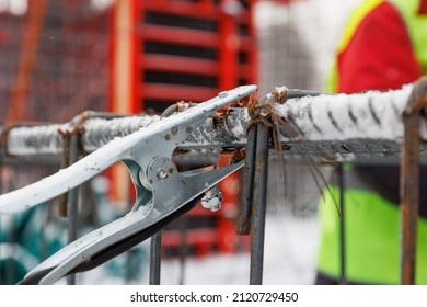 Metal Arc Welding Tongs Are Attached To The Steel Reinforcement To Weld The Framework Of Reinforced Concrete And Create Reinforced Concrete.