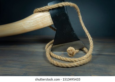 Metal Axe Or Hatchet Tool Cutting Natural Jute Rope. To Cut The Gordian Knot, Problem Solving And Solutions Concept