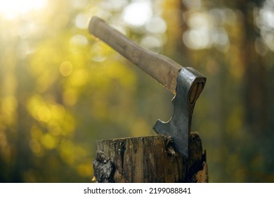 A metal axe with a wooden handle, stuck in a wooden log against the background of the sun rays in the forest. Chop wood.Deforestation. - Powered by Shutterstock