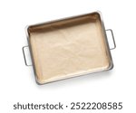 Metal baking tray for oven with parchment paper isolated on white background