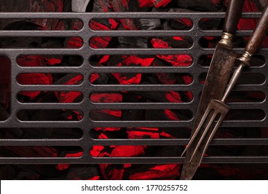 Metal barbecue grill over hot coal. Top view flat lay. Backdrop for your cooking food - Powered by Shutterstock