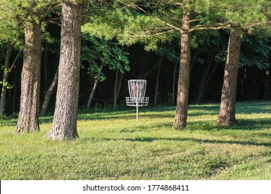 Metal basket with chains for disc game surrounded by vibrant green trees at Hoover Reservoir Park in Westerville Ohio