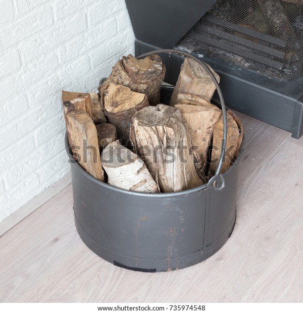 Metal Basket Firewood Standing Next Fireplace Stock Photo Edit