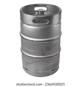 Metal beer keg side view isolated on white. Real scratched metal barrel. Clipping path.