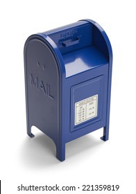 Metal Blue Postal Mail Box Isolated On White Background.