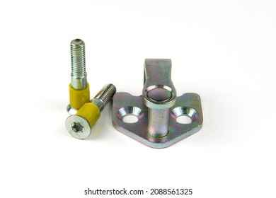 Metal Bolts With Plastic Inserts For Attaching The Car Lock To The Body Car Door Lock Latch. Products For Auto Repair. Close-up On A White Background.