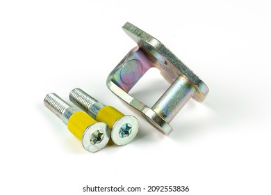 Metal Bolts With Plastic Inserts For Attaching The Car Lock To The Body Car Door Lock Latch. Products For Auto Repair. Close-up On A White Background.