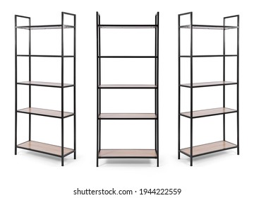 Metal book shelve isolated on white background .Different angles