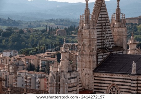 A metal brace supporting the gothic portal of the Siena cathedral, seen from the Facciatone panoramic viewpoint, Italy