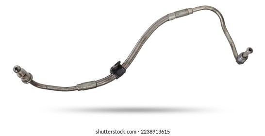 A metal brake pipe is part of the vehicle’s brake system, which supplies brake fluid under pressure to the service brake cylinders or calipers on wheels. Spare parts for sale in auto service. - Shutterstock ID 2238913615