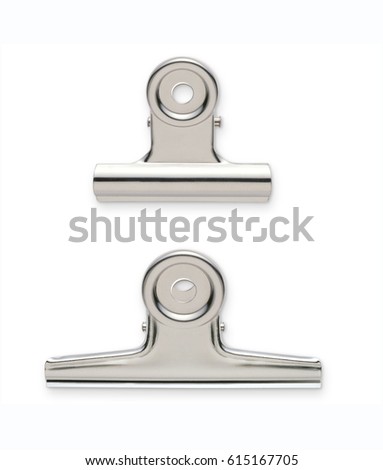 Metal bulldog clips isolated on white background with clipping mask.

