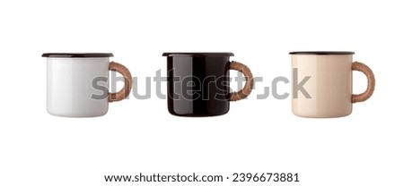 Metal camping unbreakable mugs with a handle wrapped in twine. Isolate on a white background.