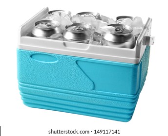 Metal Cans Of Beer With Ice Cubes In Mini Refrigerator, Isolated On White