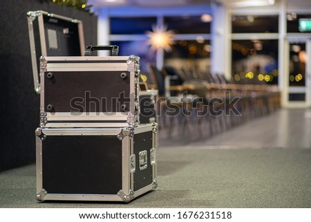 Metal cases as a transportation and storage of concert equipment.