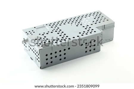 Metal casing for preventing electromagnetic waves or RF emittance, induction or leakage. Used for digital equipment analog components. isolated on neutral white.  