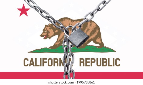Metal chain and lock on California flag. Concept of a ban on tourism due to the coronavirus pandemic, violation of the rights and freedoms of citizens