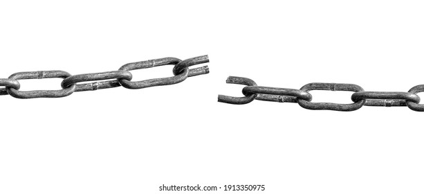 Metal Chain With One Torn Broken Link Isolated On A White Background 