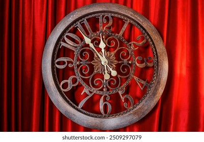 metal Christmas clock at five to twelve red background curtains, beautiful flounces. Concept: Christmas New Year New Year Resolutions. dial clock hands which show time five minutes twelve. Clode up. - Powered by Shutterstock