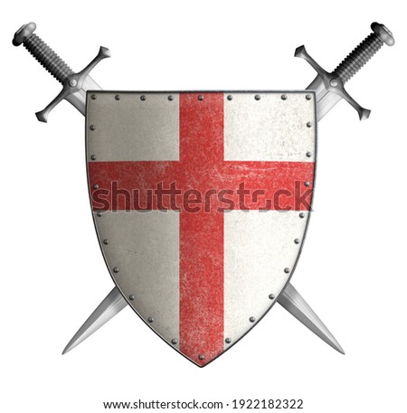 Metal classical shield with red cross and swords 3d illustration