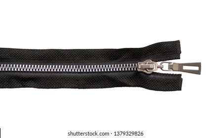 Metal Close Zipper Closeup Isolated On White Background