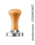 Metal coffee tamper with wooden handle isolated on white background. Barista gear, stainless still press.