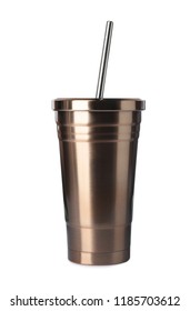 Metal Coffee Tumbler With Straw Isolated On White