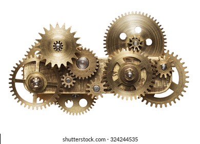 Metal collage of clockwork gears isolated on white background