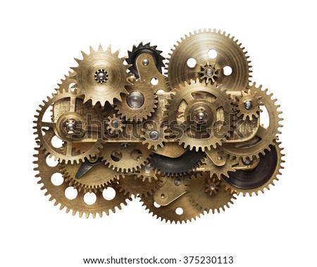 Metal collage of clockwork gears isolated on white background