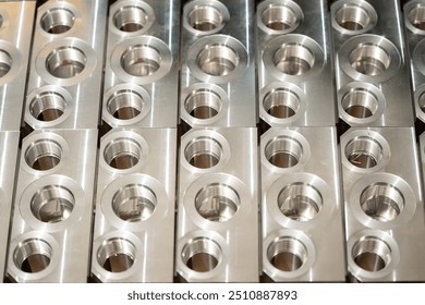 Metal components with precise threading, neatly arranged in rows, showcasing industrial precision and manufacturing quality.