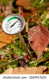 A Metal Compost Thermometer Inserted Into A Pile Of Composting Material. Nitrogen And Carbon Containing Mixture Of Leaves, Lawn Clippings And Cardboard Results In Hot Composting At High Temperature