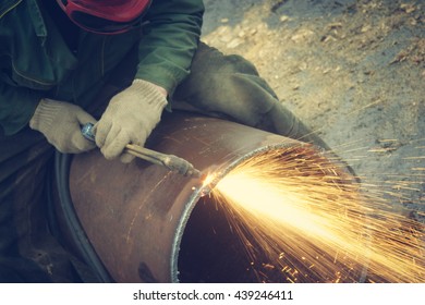 Metal Cutting With Acetylene Torch.