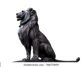 metal detailed isolated white lion sculpture in front the parliament Budapest