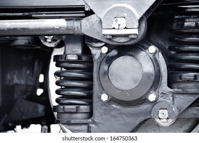 Metal Details Of The Train Engine. Close-up Photo