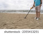Metal Detector Search Coil Scanning Beach Sand, Treasure Hunt, Lost Jewels, Beach Digger, Metal Detecting Hobby, Copy Space for Text
