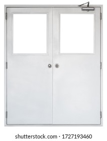 Metal door with square window isolated on white background, real empty interior frame of factory industry entrance